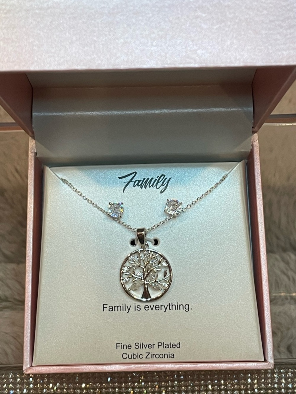 Family Tree Silver-Plated Necklace and Stud Earrings Set